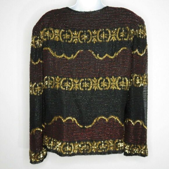 Lawrence Kazar Vintage Beaded Sequined Black Gold Red Silk Blazer Jacket Size M - Picture 5 of 10